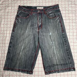 Raw Blue Mens Distressed Denim Size 34 Red Stitching Embellishments Baggy Fit Si